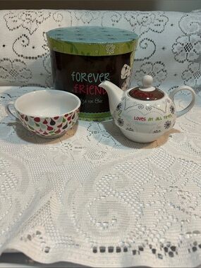 Tea for One Set - White Teapot and Bowl with Multicolor Accents